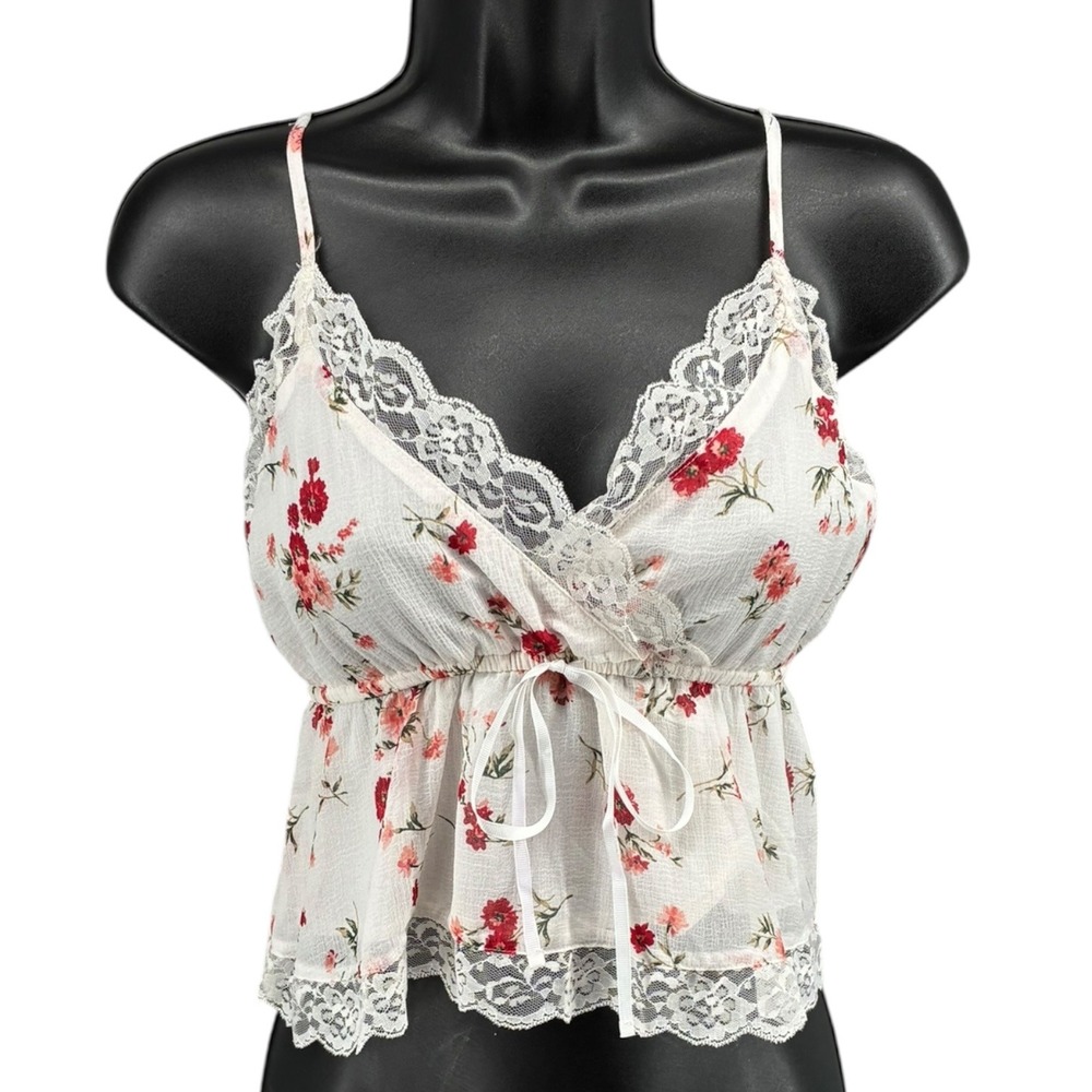 American Eagle Floral Lace Cami Babydoll Tank White‎ Pink NWT Coquette S